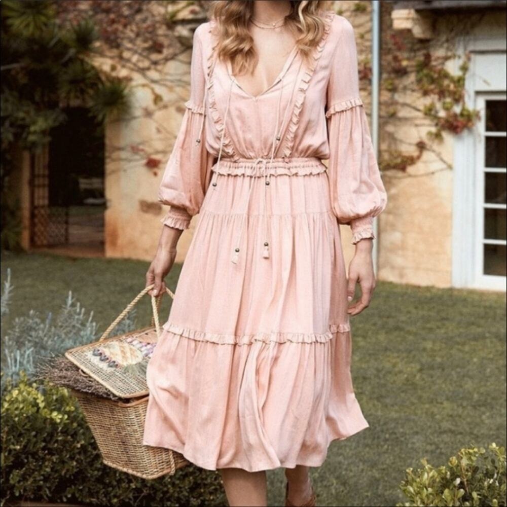 Spell Clementine Midi‎ Dress Pink Boho Tiered Long Sleeve XS Gypsy